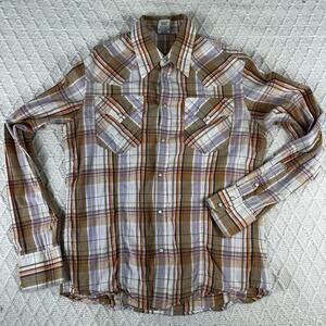 True Religion Pearl Snap Western Plaid Shirt Men’s Large Brown Purple Long Sleev